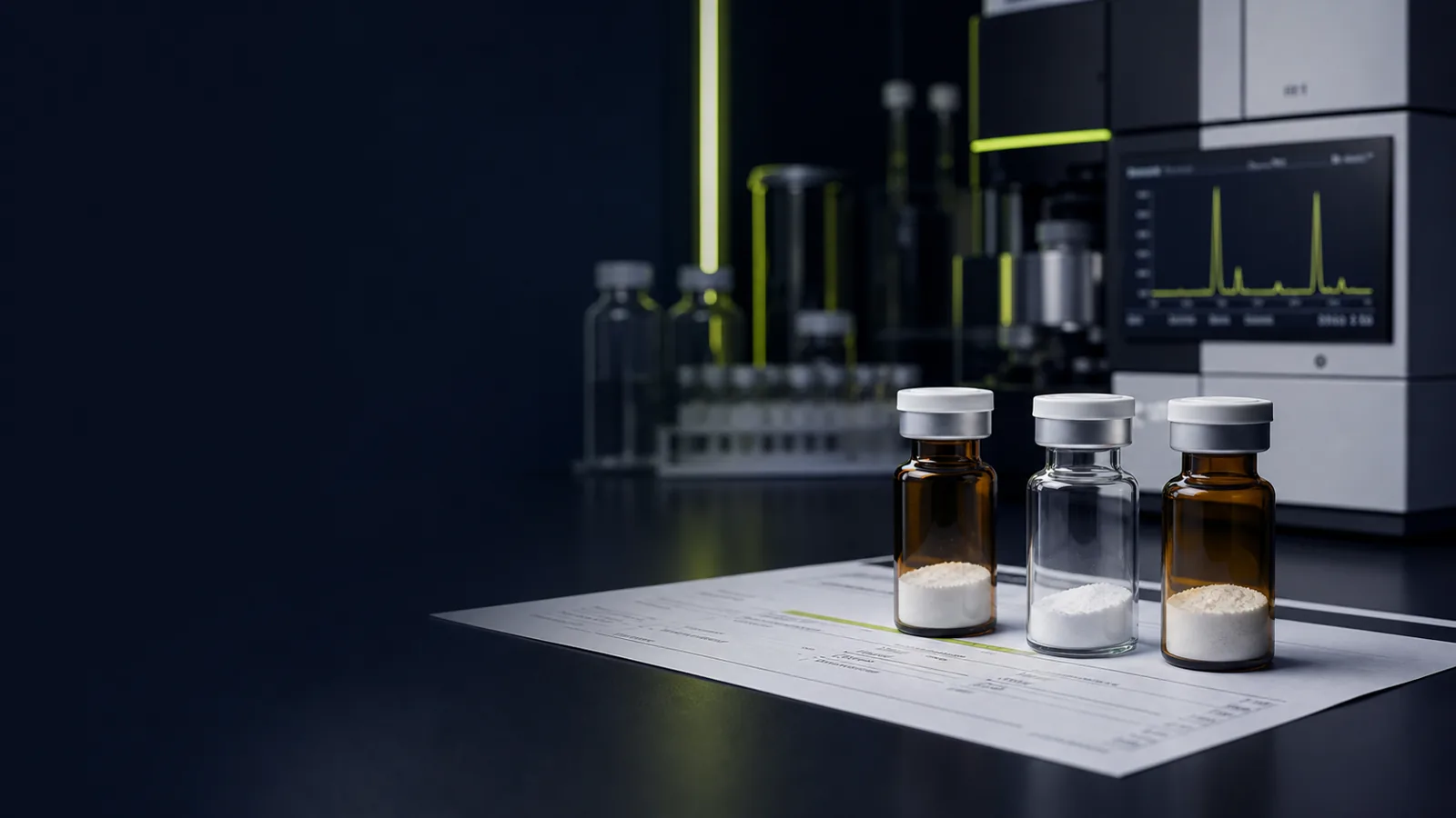 Sealed research sample vials, batch documentation and HPLC equipment in a quality-control laboratory