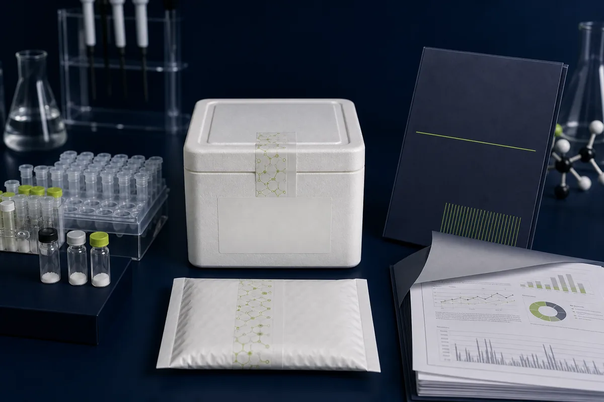 Research sample vials, insulated shipping container and quality documentation prepared for B2B supply